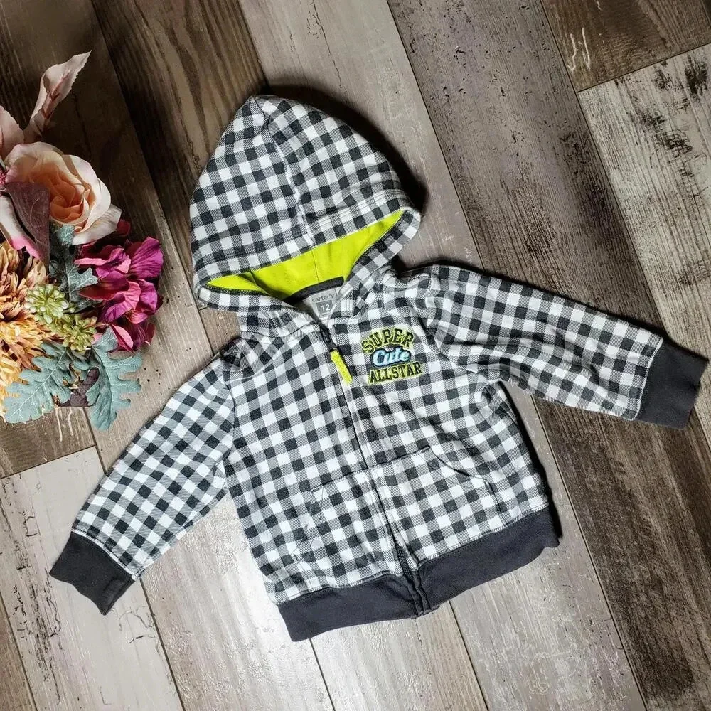 Carter's Gray and White Checkered Hooded Jacket Full Zip Baby Boy Size 12m EUC